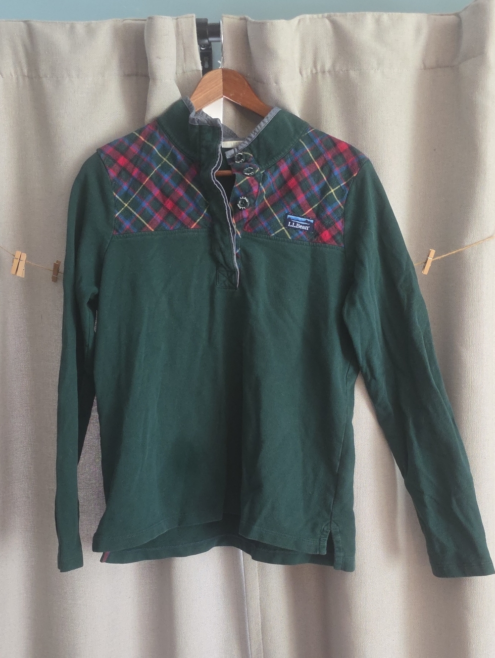 L.L. Bean Dark Green Long-Sleeve Polo with Red & Blue Plaid Yoke